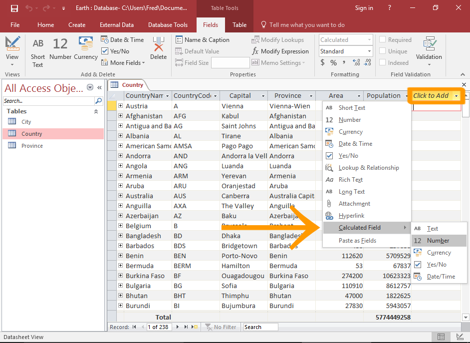 Screenshot of a selecting the calculated field option.