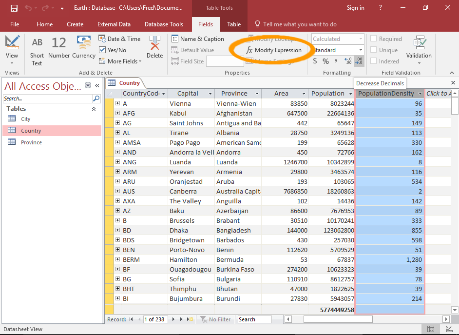 Screenshot of the Modify Expression button highlighted