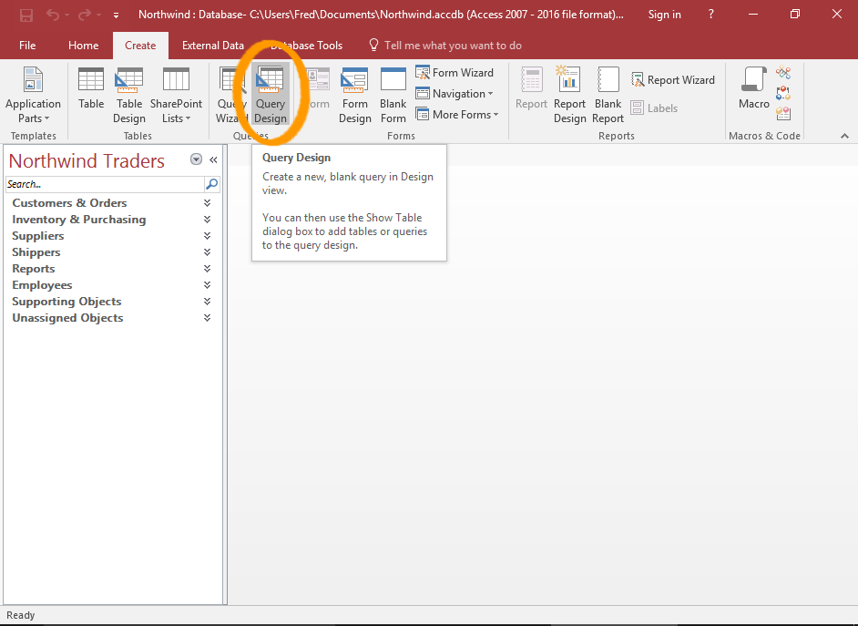 Screenshot of the Query Design button highlighted.