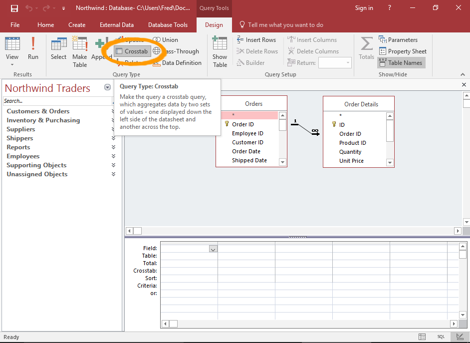 Screenshot of the query in Design View with the Crosstab button highlighted.