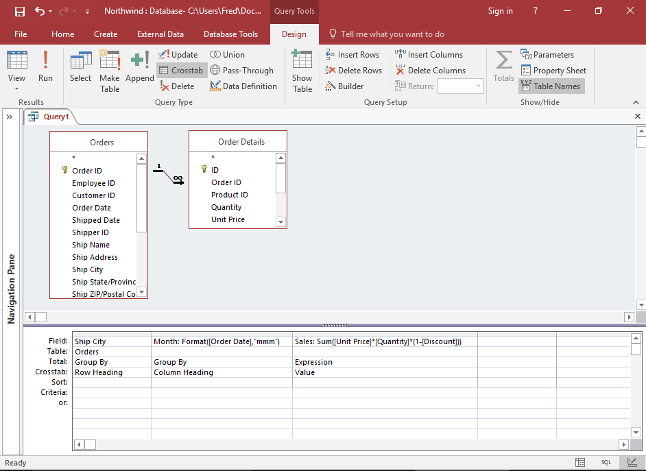 Screenshot of the query in Design View with the crosstab criteria.