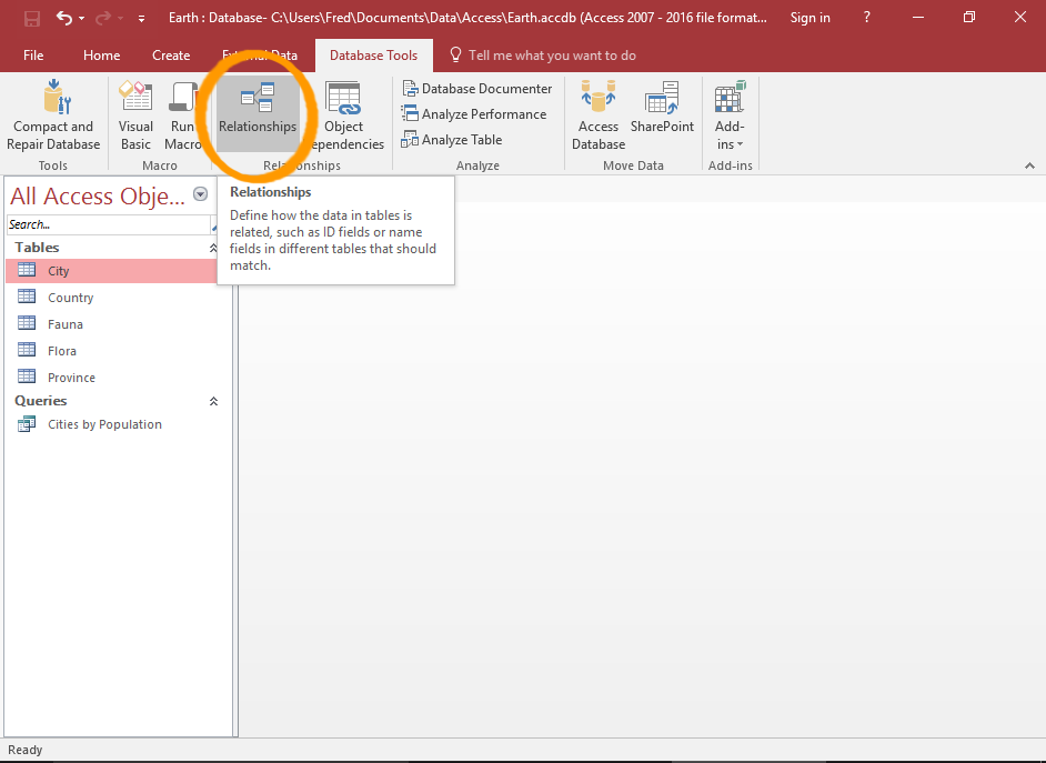 Screenshot of Access with the Relationships button highlighted.