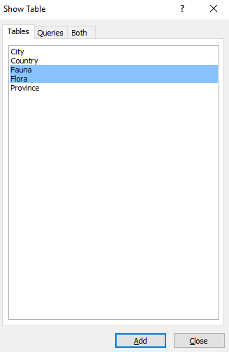 Screenshot of the Show Tables dialog box.