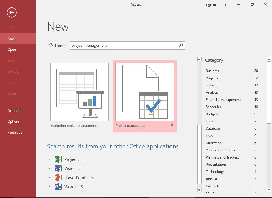Screenshot of the template search results