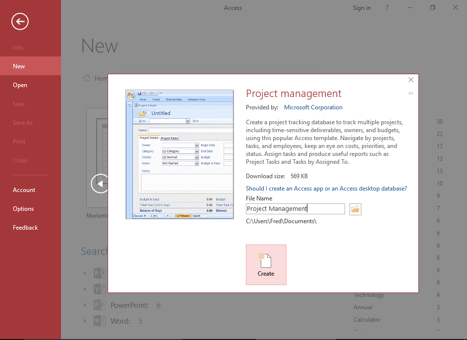 Screenshot of template details