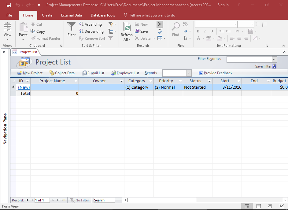 Screenshot of new database