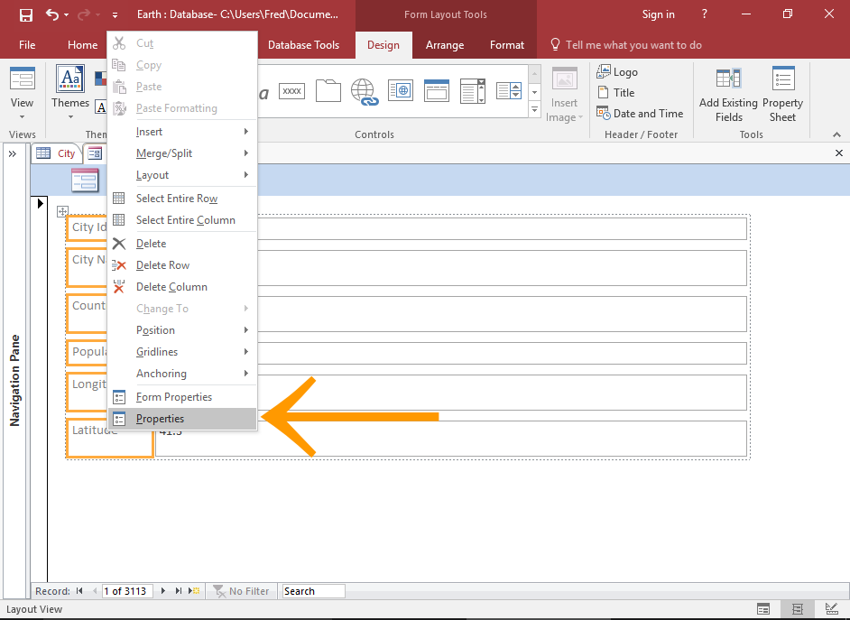 Screenshot of the form with multiple labels highlighted and the contextual menu displaying