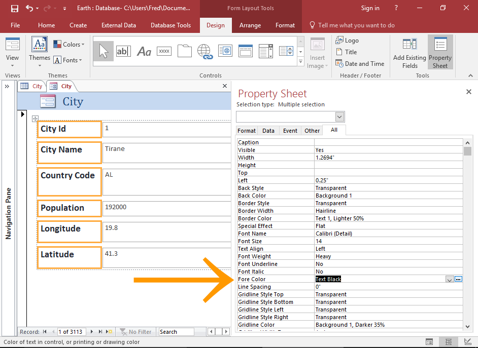 Screenshot of the form with the Property Sheet open