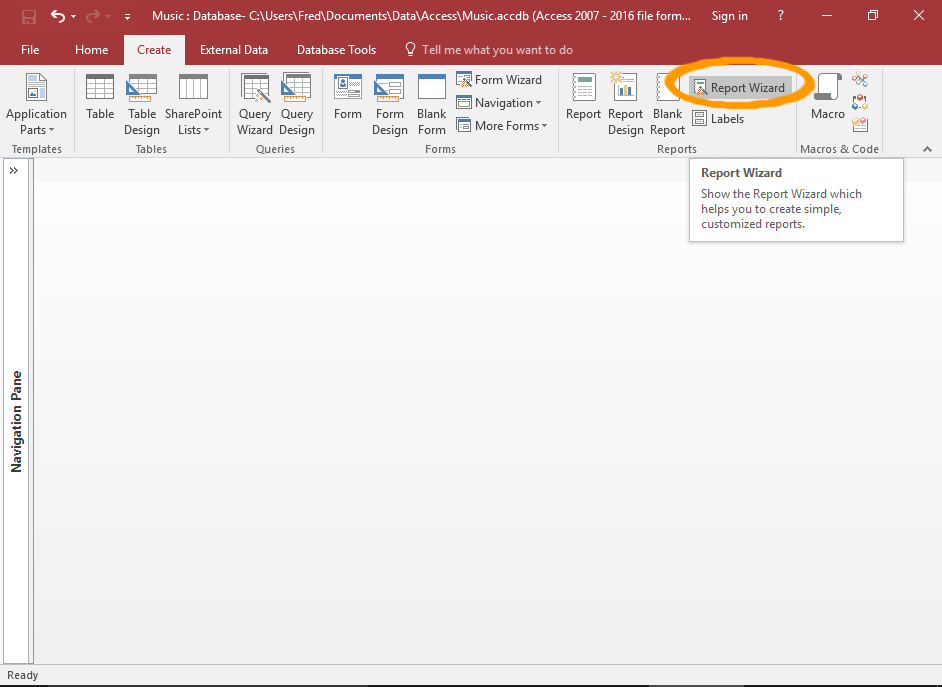 Screenshot of Access with the Report Wizard button highlighted