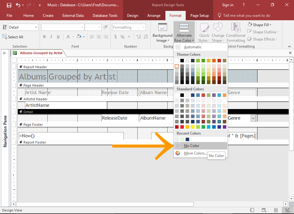 Screenshot of removing the alternating colors