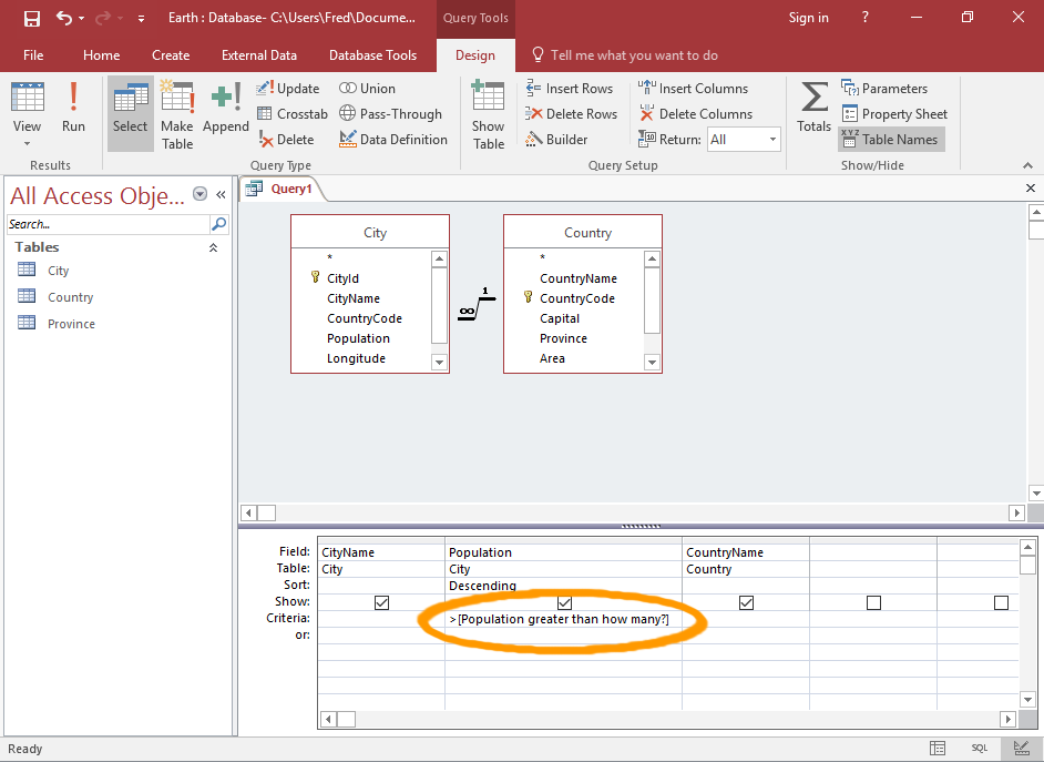 Screenshot of a creating a parameter query in Access.