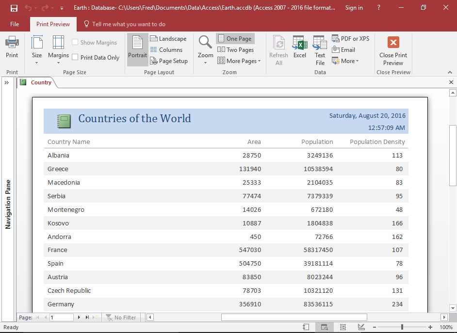 Screenshot of the report in Print Preview