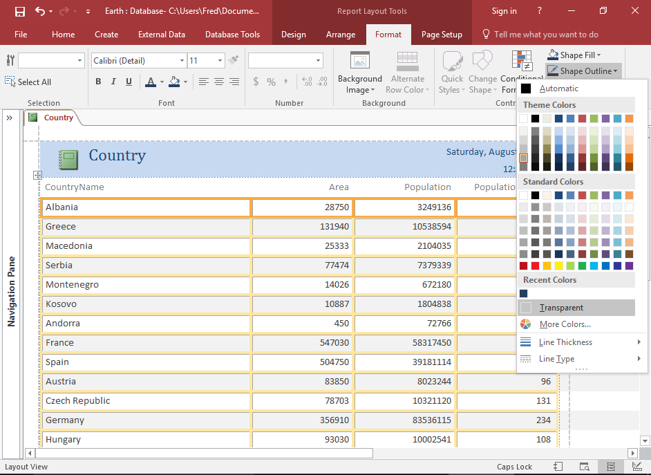 Screenshot of the report with multiple labels highlighted and the contextual menu displaying