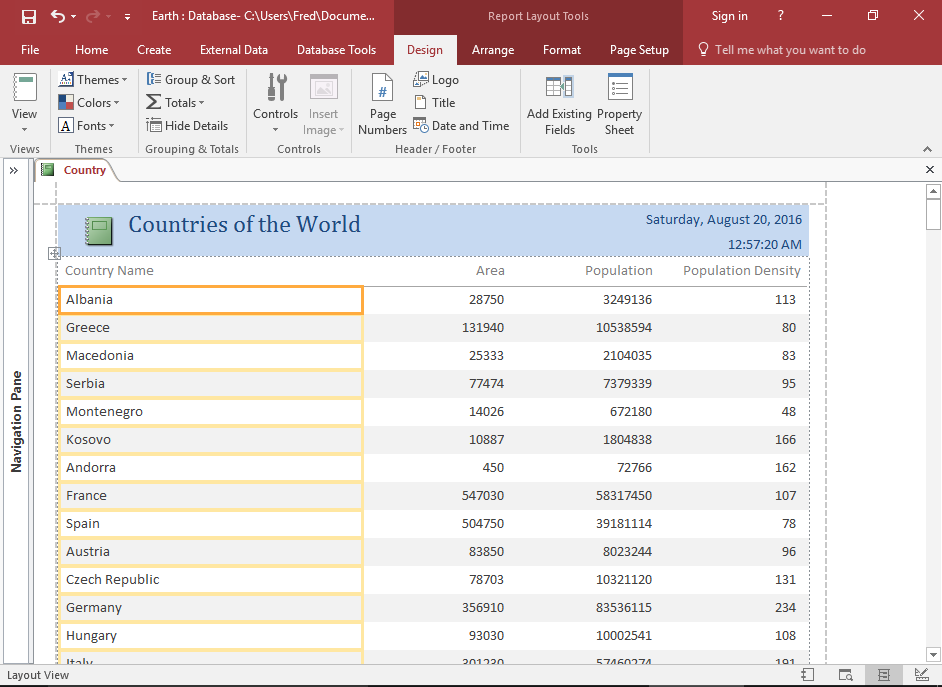 Screenshot of the report in Layout View