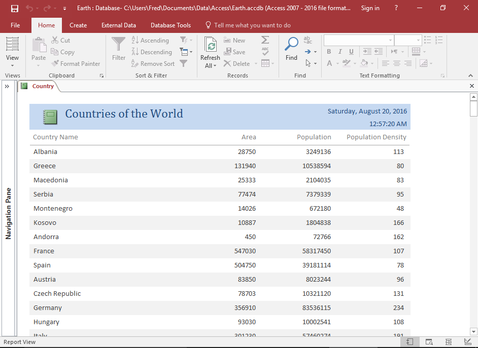 Screenshot of the report in Report View