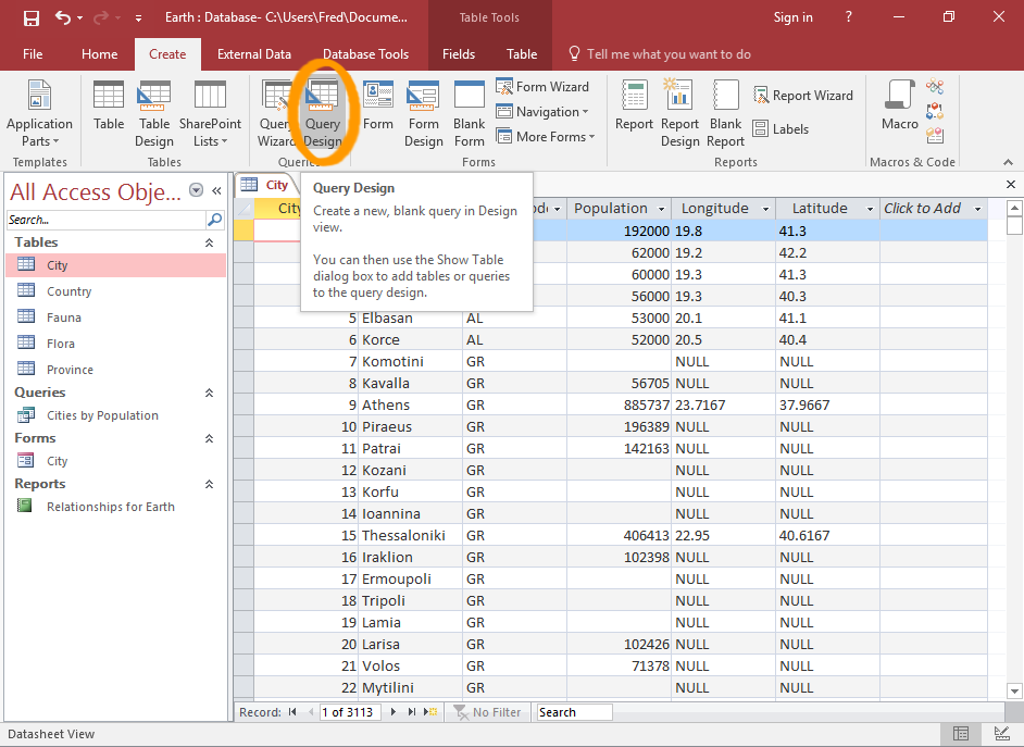 Screenshot of the Query Design button highlighted.