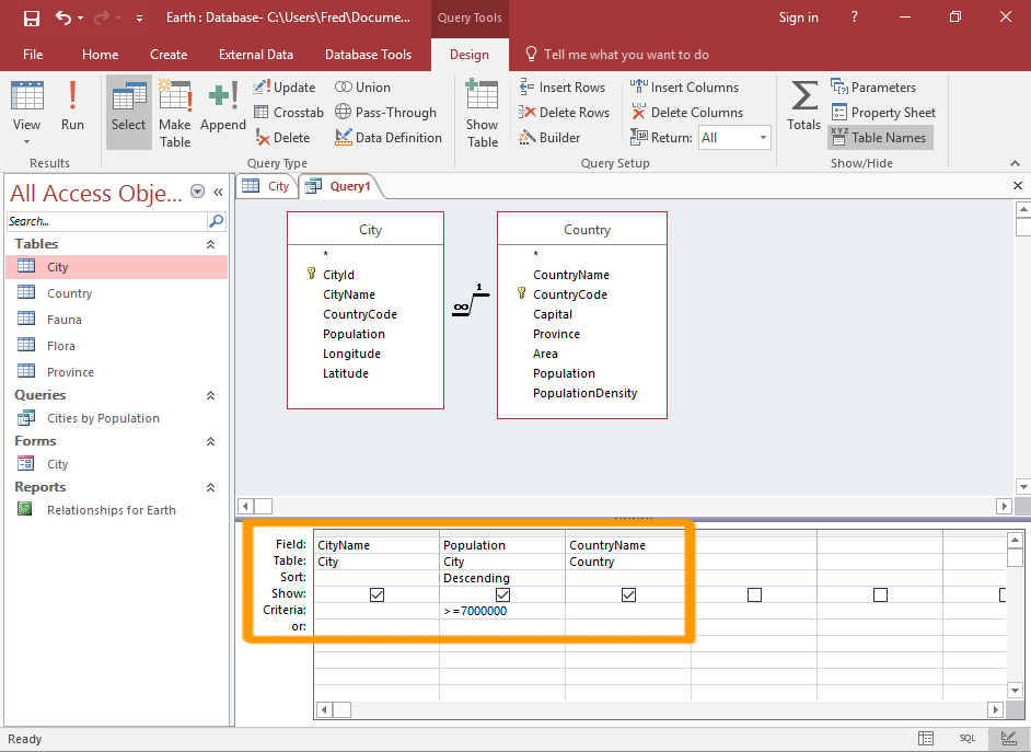 Screenshot of the query in Design View with the query criteria.