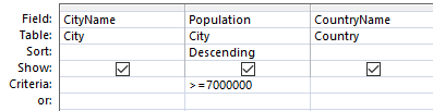 Close up of the query criteria.
