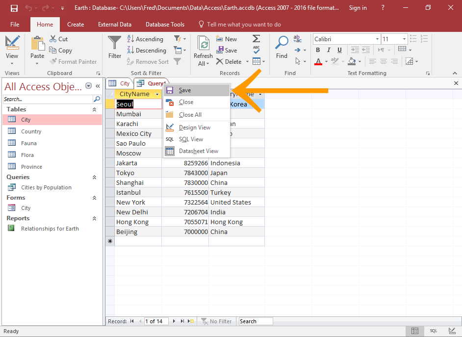 Screenshot of saving the query.