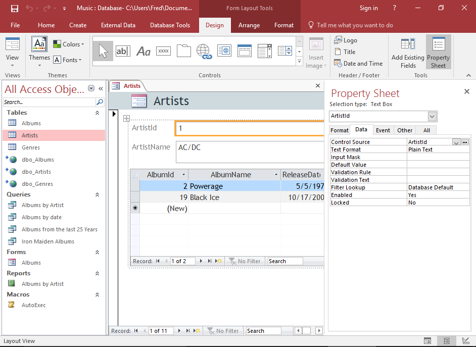 Screenshot of the form and subform