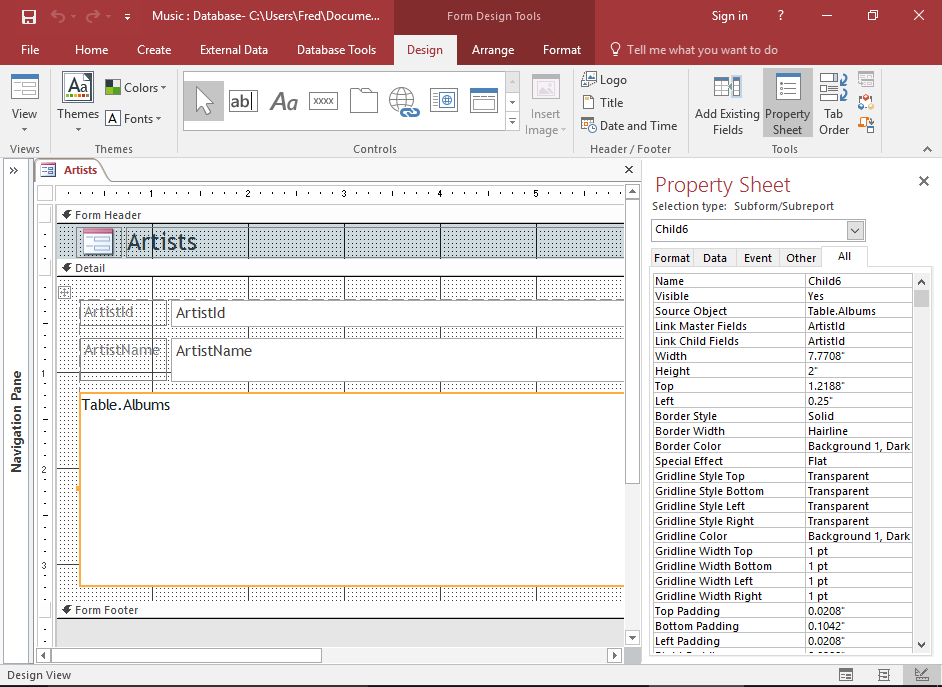 Screenshot of the form in Design View