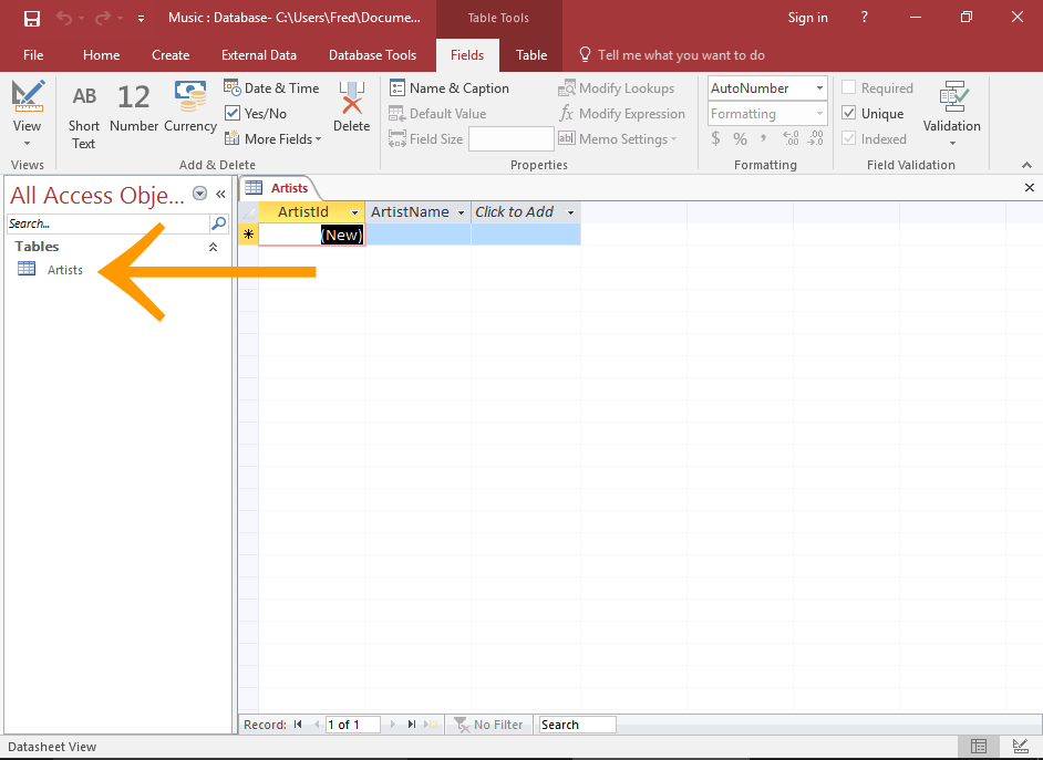 Screenshot of the table in the Navigation Pane