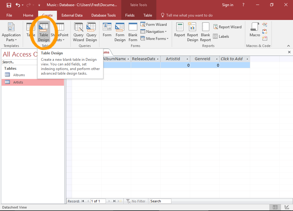 Screenshot of Microsoft Access 2016 with the Table Design button highlighted