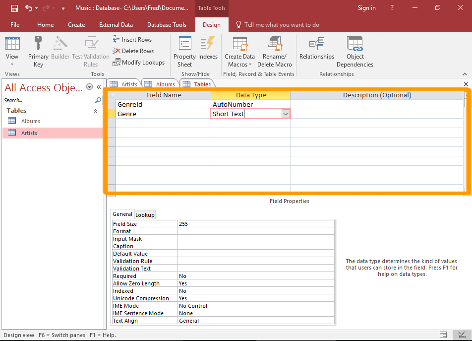 Screenshot of the table in Design View with the field section highlighted