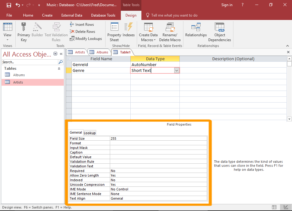 Screenshot of the table in Design View with the field properties section highlighted