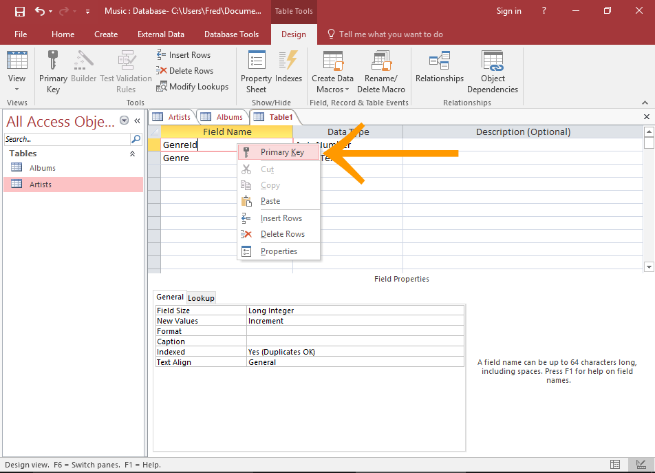 Screenshot of setting a primary key
