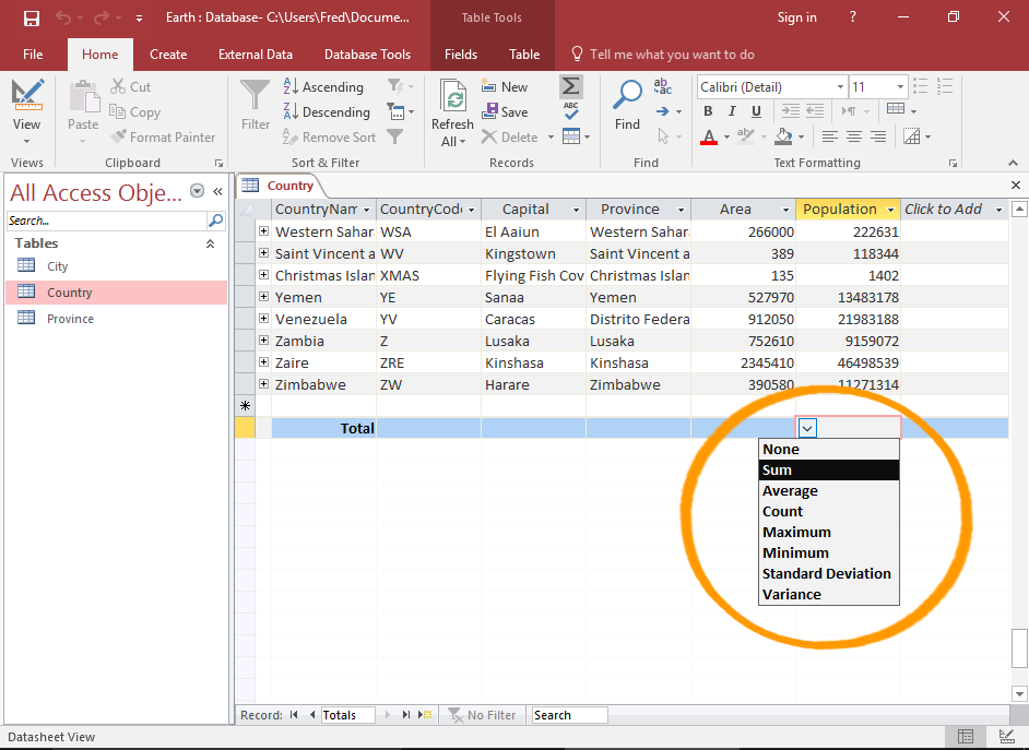 Screenshot of selecting the SUM function