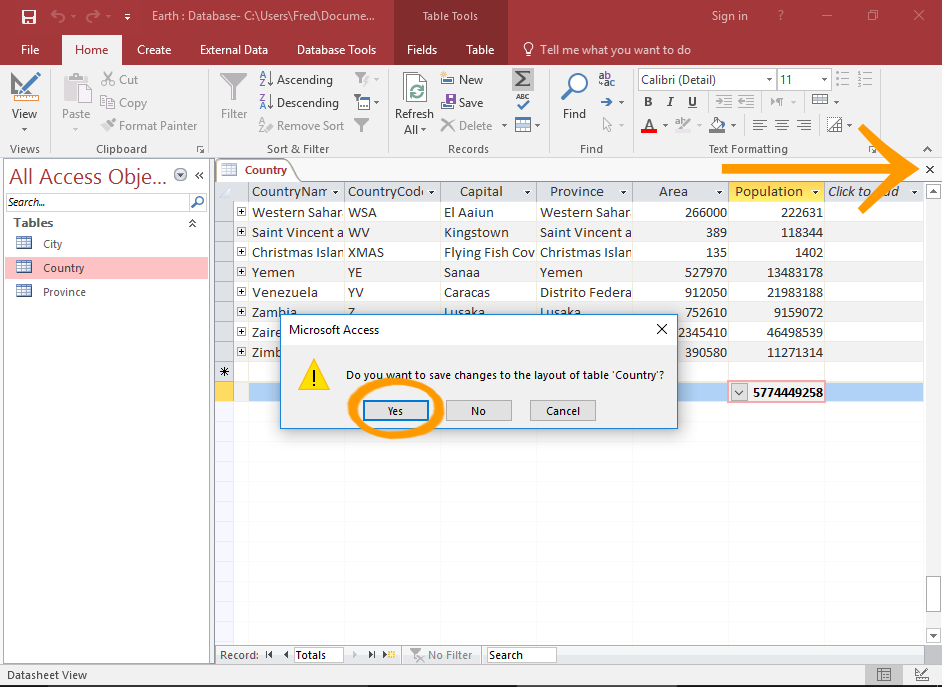 Screenshot of saving the table