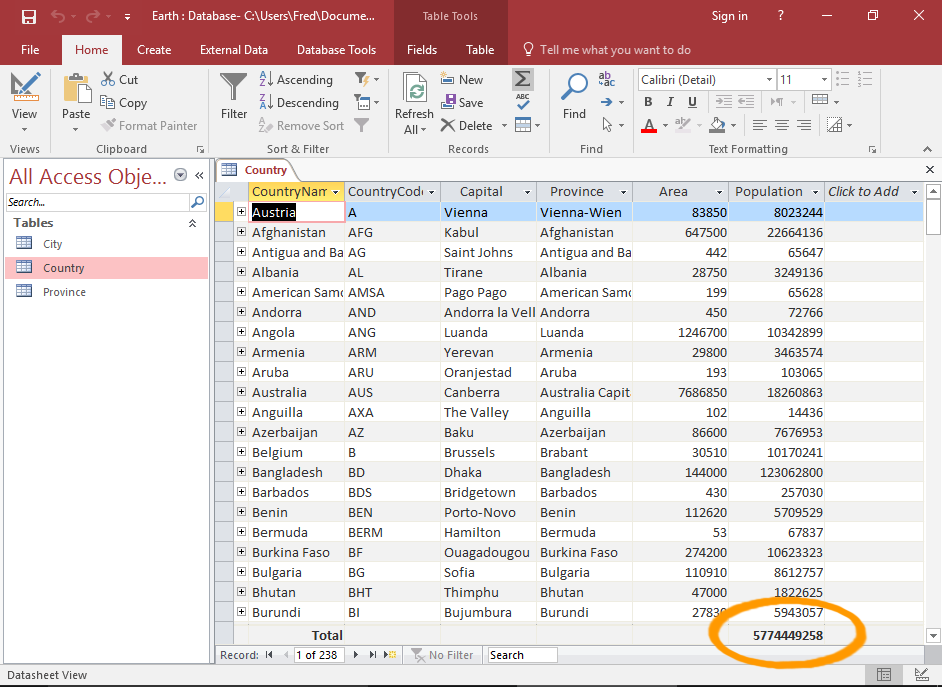 Screenshot of a totals row in MS Access