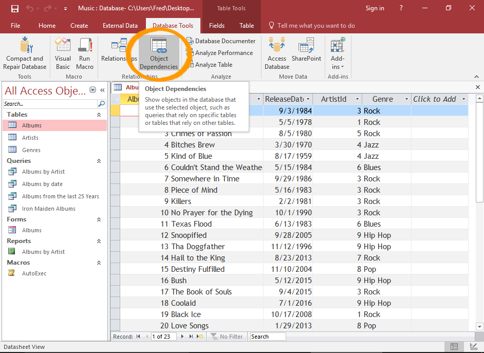 Screenshot of Microsoft Access 2016 with the Object Dependencies button highlighted
