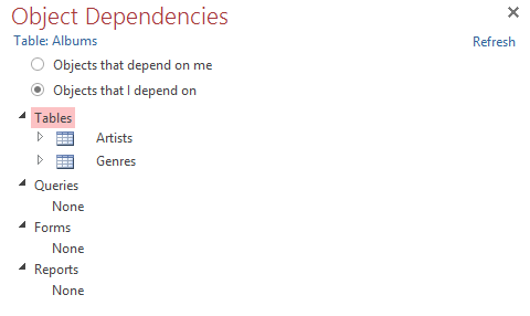 Screenshot of the Object Dependencies pane