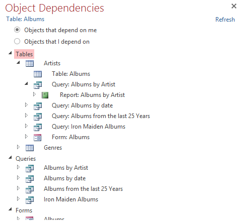 Screenshot of navigating the Object Dependencies pane