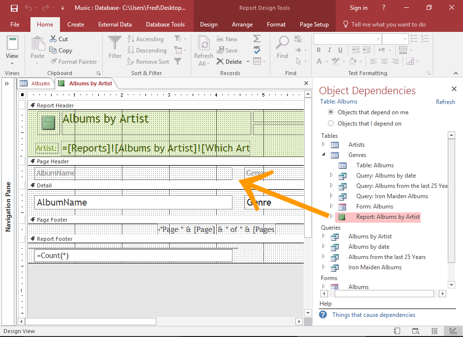 Screenshot of the Object Dependencies pane with a dependent object displaying