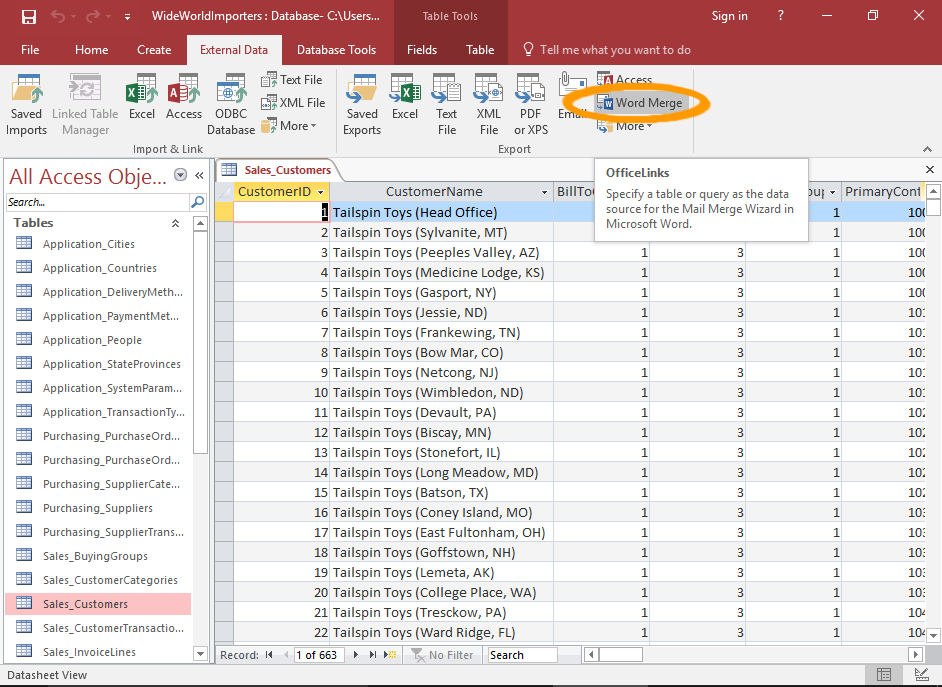Screenshot of Access with the Word Merge button highlighted