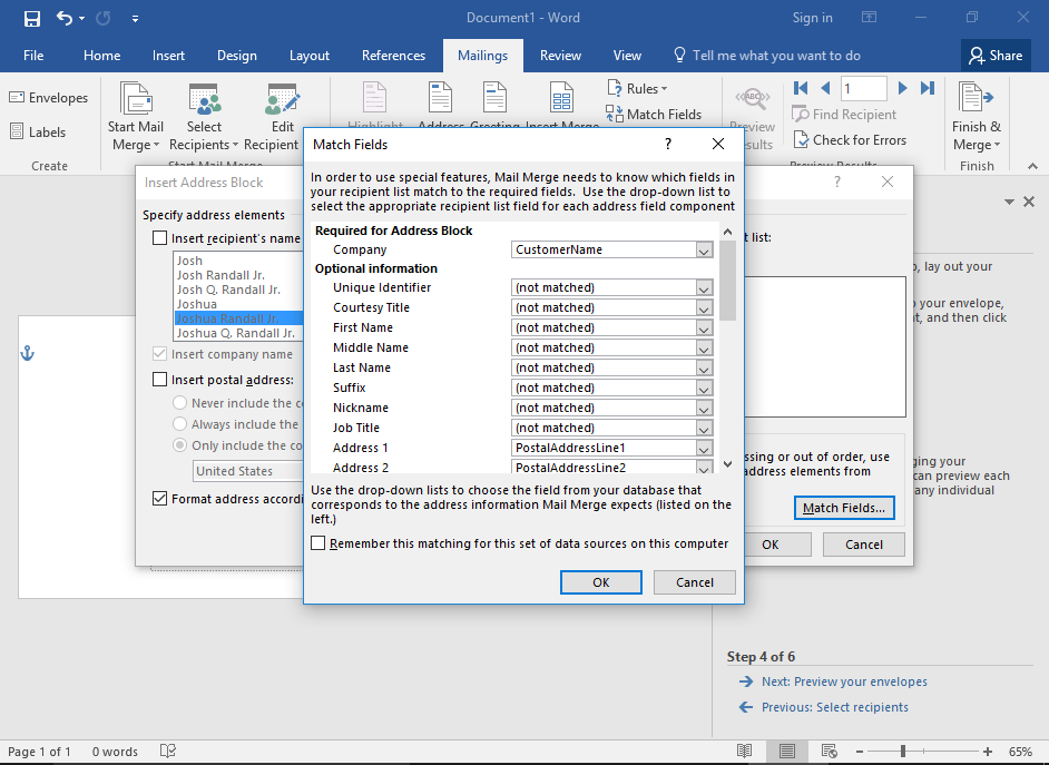 Screenshot of Microsoft Word Mail Merge Wizard