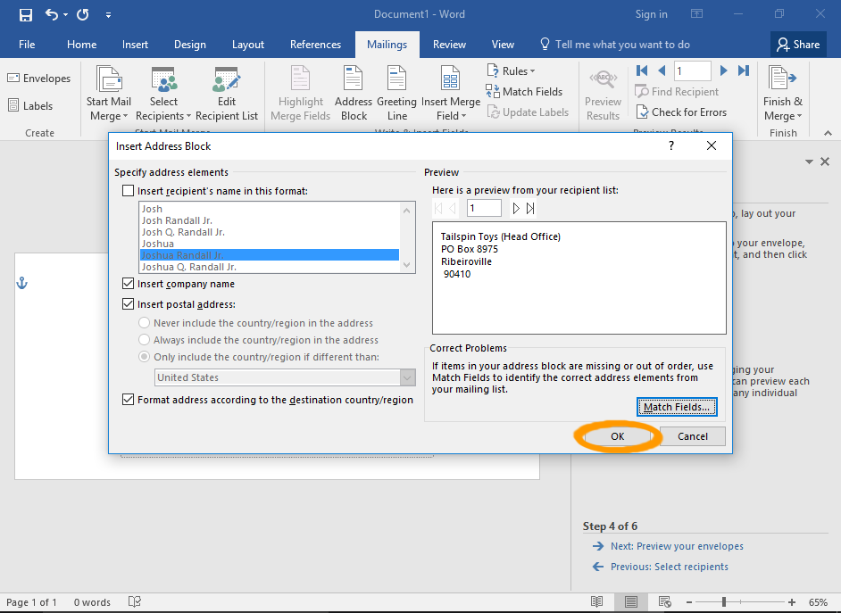 Screenshot of Microsoft Word Mail Merge Wizard