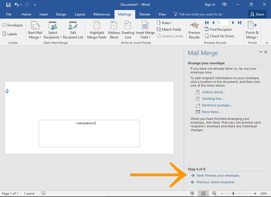 Screenshot of Microsoft Word Mail Merge Wizard