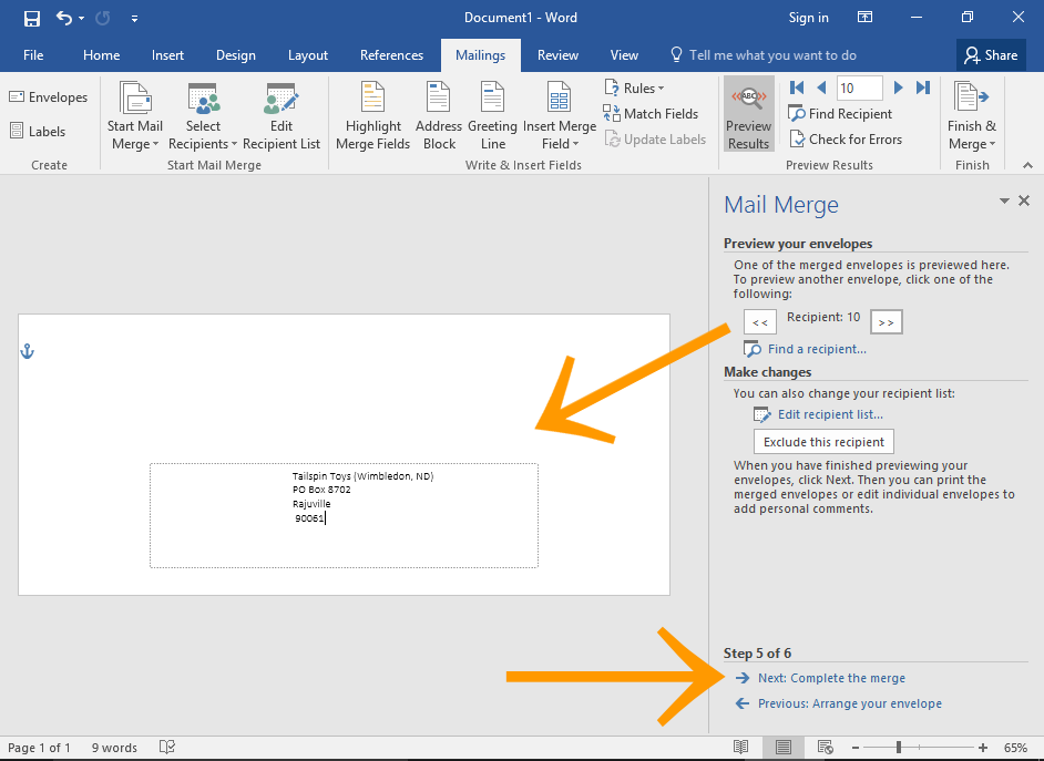 Screenshot of Microsoft Word Mail Merge Wizard