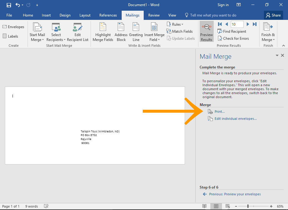 Screenshot of Microsoft Word Mail Merge Wizard