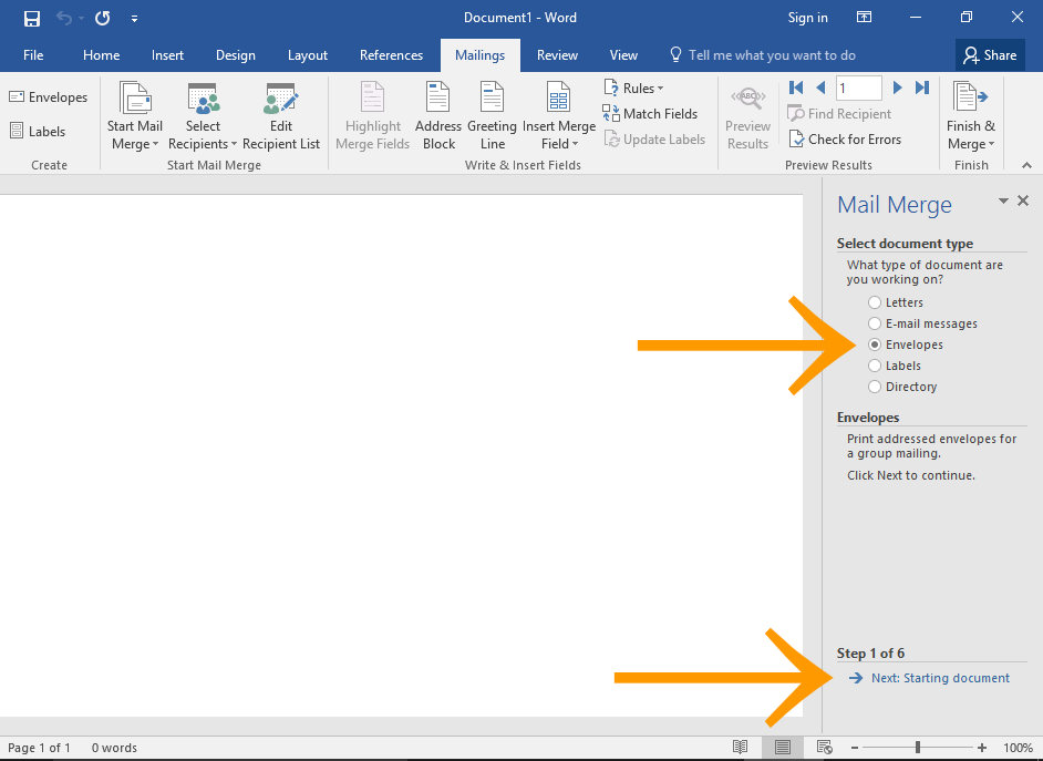 Screenshot of Microsoft Word Mail Merge Wizard