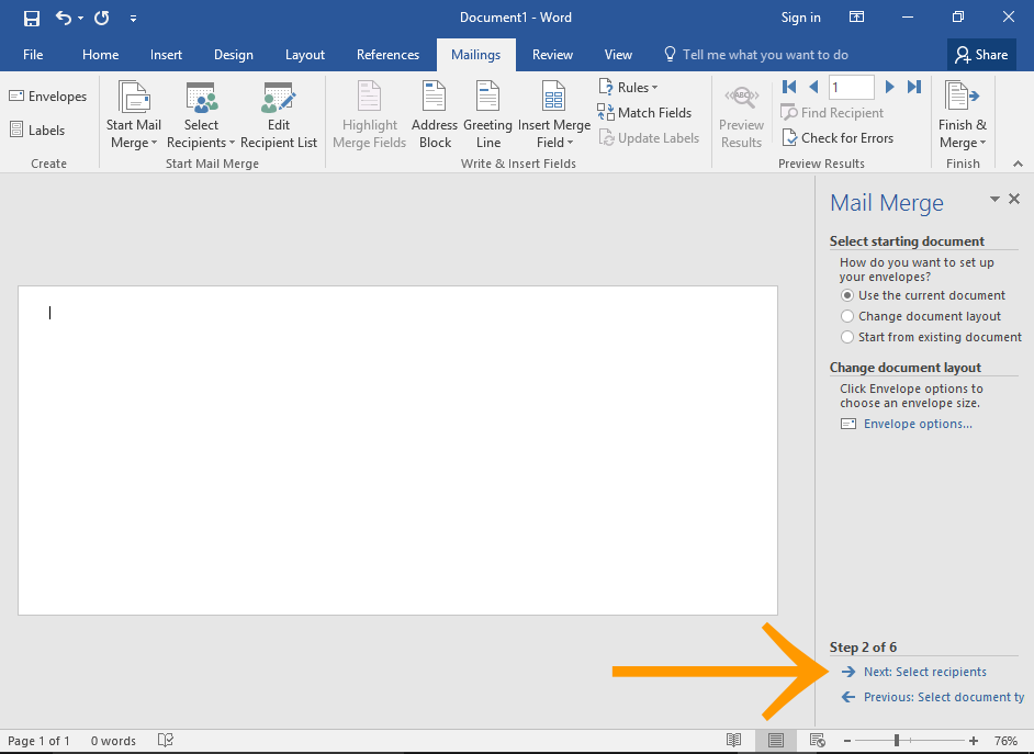 Screenshot of Microsoft Word Mail Merge Wizard