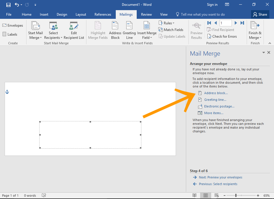 Screenshot of Microsoft Word Mail Merge Wizard