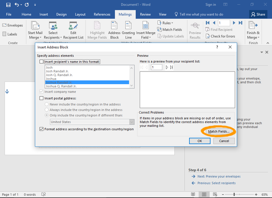 Screenshot of Microsoft Word Mail Merge Wizard
