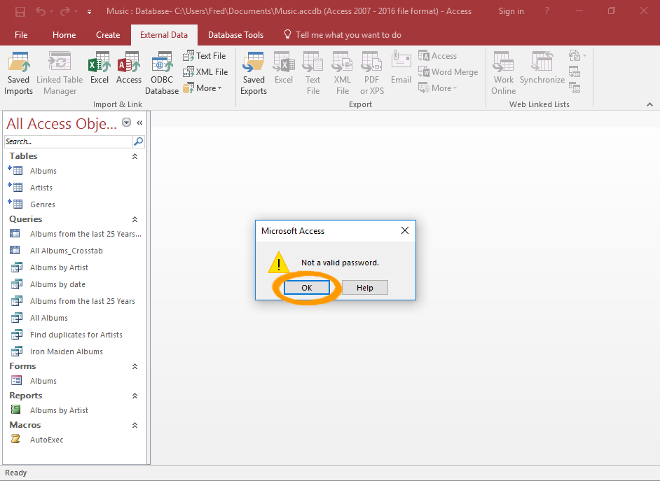 Screenshot of the Not valid password message