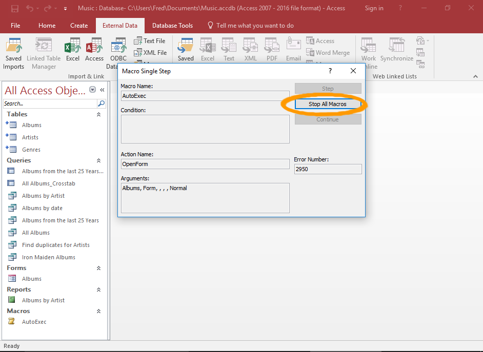 Screenshot of the AutoExec macro message