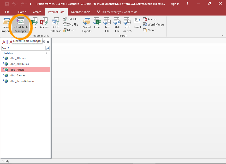 Screenshot of the Linked Table Manager option